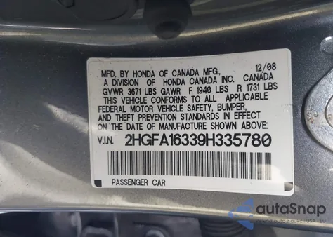 2009 Honda Civic Vp from USA, damaged, VIN 2HGFA16339H335780